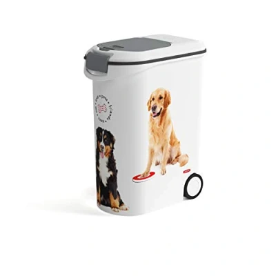 Afbeelding van CURVER Droogvoerbak voor honden, 20 kg / 54 l, Grote, luchtdichte antigeur opbergbox hondenvoer, box met wieltjes en handgrepen, 28 x 49 61 cm, wit