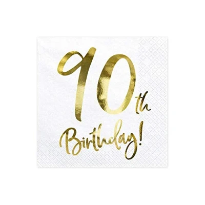 Afbeelding van Partydeco, Servetten, 90. Geburtstag Weiss mit Golddruck (20 x, 33 x cm)