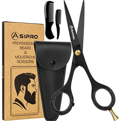 Afbeelding van ASIPRO baard en snorschaar, set bestaande uit baardkam snorkam met draagtas, trimming scissors kleine baardverzorgingsscharen voor heren, schaar, snor, heren
