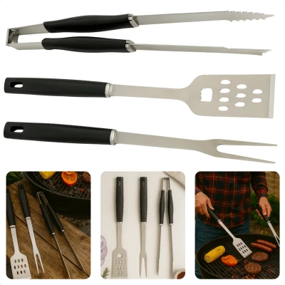 Afbeelding van Cheqo BBQ Gereedschap Set 3 Delig RVS Barbecue Accessoires Vork Spatel Tang Roestvrijstalen Tools Grill Es