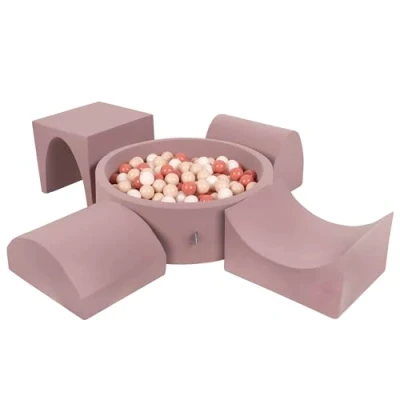 Afbeelding van KiddyMoon Foam Speelplaats Met Rond Ballenbad (200 Ballen) Kinderen Ballenbakken Speelgoed Obstakelbaan, Heide: Pastel Beige/Zalm/Wit