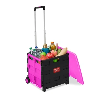 Afbeelding van Relaxdays boodschappentrolley met deksel inklapbaar vouwkrat 2 wielen kunststof roze