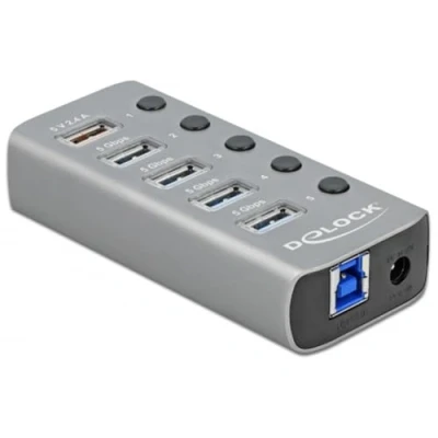 Afbeelding van DeLOCK USB hub met 4+2 poorten en aan/uit schakelaars USB3.0 / PD 27W externe 12V voeding grijs 0,80 meter
