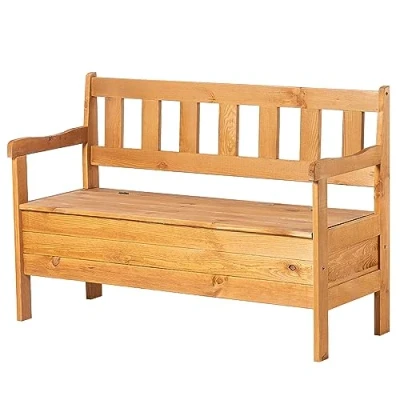 Afbeelding van KADAX Tuinbank, 120 x 47 81,5 cm, houtvezelplaat met opbergruimte en rugleuning, weerbestendig, voor tuin, balkon, bruin