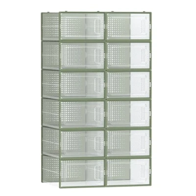 Afbeelding van SONGMICS LSP12SG30 12 stuks schoenendozen van kunststof, opvouwbaar, stapelbaar, voor schoenen tot maat 44, lauriergroen, transparant