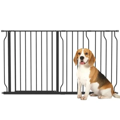 Afbeelding van PawHut Veiligheidshek voor huisdieren verstelbare lengte barrière trap gangen deuren zonder boren staal en ABS dim. 145 l x 76 h cm zwart