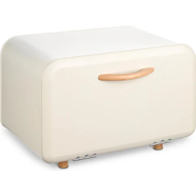 Afbeelding van Navaris metalen broodtrommel Opening aan de voorkant Retro design Opbergbox voor in keuken Broodbox met houten handvat en pootjes Crème