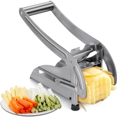 Afbeelding van snijd chips, aardappelen, een groentesnijder met twee roestvrijstalen messen, perfect voor het snijden van komkommers en andere groenten fruit