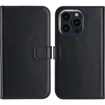 Afbeelding van Selencia Hoesje Geschikt voor iPhone 16 Pro Met Pasjeshouder Echt Lederen Bookcase Zwart
