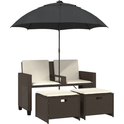 Afbeelding van vidaXL Tuinbank 2 zits met parasol en voetenbanken poly rattan bruin