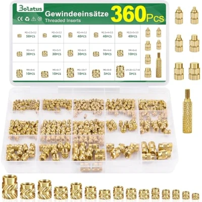 Afbeelding van Bolatus Set van 360 schroefdraadinzetstukken M2 M2,5 M3 M4 M5 M6 messing smeltmoeren met soldeerbout, smelthulp, kartelschroefdraad voor kunststof onderdelen, onderdelen