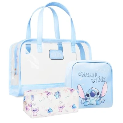 Afbeelding van Disney Stitch Toilettas, 3 delig, make uptas, opslag, cadeau idee, meisjes, tieners, dames, Blauw/Wit, beauty case