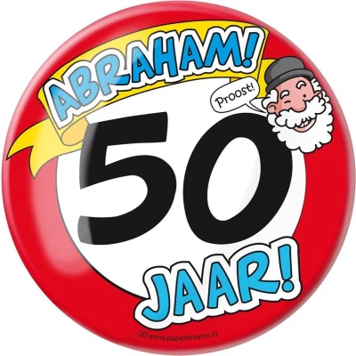 Afbeelding van Button XL 50 jaar Abraham Verkeersbord per stuk