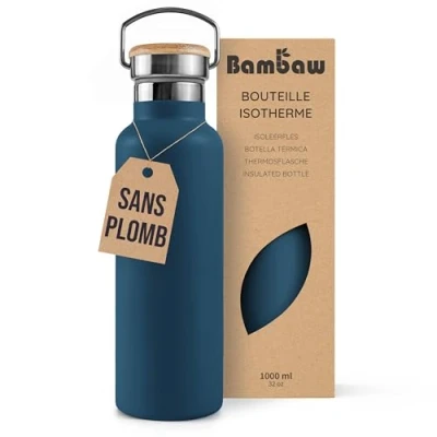 Afbeelding van Bambaw® 1 Liter RVS Thermosfles Dubbelwandig, Milieuvriendelijk, Lekvrijen, loodvrij en Plasticvrij Geïsoleerde Fles met Bamboe Deksel voor Warme Koude Dranken Ideaal Reizen, Werk, Yoga, Wandelen Dagelijks Gebruik blauw
