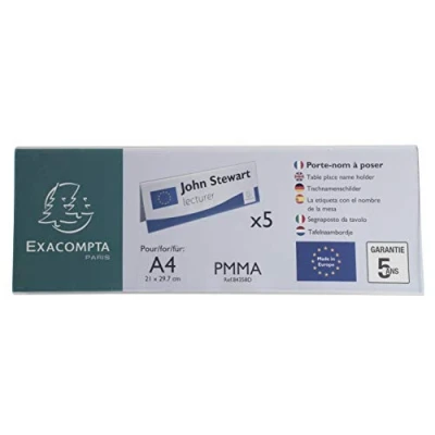 Afbeelding van Exacompta Ref. 84358D 1 set met 5 naamplaatjes (A4 gevouwen) horizontaal afmetingen 300 x 105 mm PMMA (acryl) voor vergaderruimte, ontvangst kleur kristal