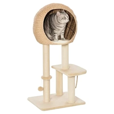 Afbeelding van PawHut Kattenboom krabpaal kitten meubel met kattengrot sisal zacht pluche beige D30 371