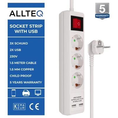 Afbeelding van 1.5 m Stekkerdoos 3 voudig USB