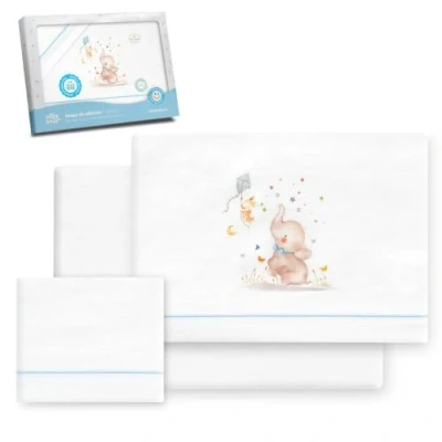 Afbeelding van Interbaby Underzy Beddengoedset in warm en zacht flanel met hoeslaken, laken kussensloop, olifantenpatroon, wit/blauw, 60 x 120 cm