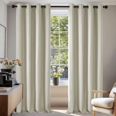 Afbeelding van Deconovo thermo isolerende verduisteringsgordijnen, modern design met oogjes, voor woonkamer en slaapkamer, 132 x 242 cm (breedte hoogte), licht beige, 2 stuks