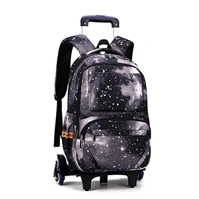 Afbeelding van ANSIEDIO Rugzak met wieltjes, schooltas, reizen, kinderen, meisjes, jongens, 6 wielen, Zwarte sterrenhemel, Schooltas wieltjes