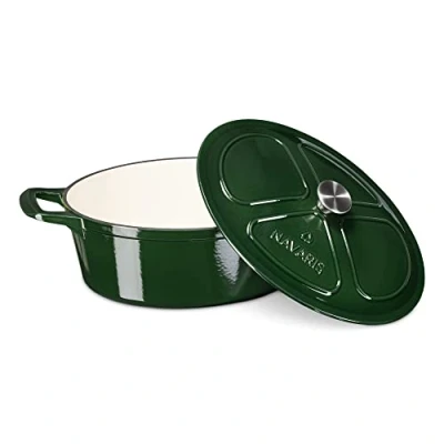 Afbeelding van Navaris gietijzeren braadpan met deksel Dutch oven Geëmailleerde pan Geschikt voor inductie, gas en elektrisch koken Ovaal Donkergroen