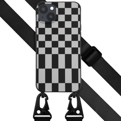 Afbeelding van iPhone 14 Plus hoesje met koord Selencia Siliconen design afneembaar Zwart / Irregular Check Black