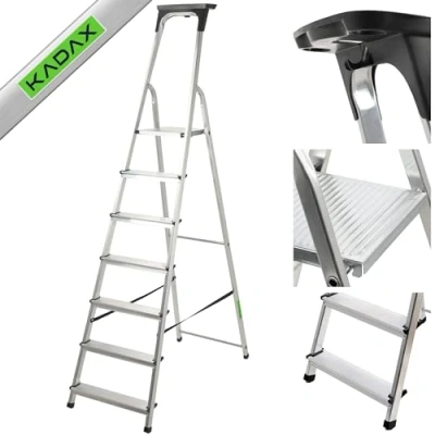 Afbeelding van KADAX Aluminium ladder Maximale belasting: 125 kg, plooiladder voor senioren, veiligheidsladder, met plank (7 treden)