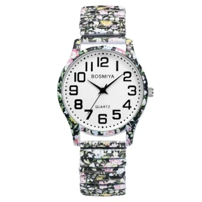 Afbeelding van JewelryWe Dameshorloges elastisch roestvrij staal: Boheemse bloemen bloemenprint analoog kwarts polshorloge dames staal stretch armband dameshorloge met grote Arabische cijfers, Meerkleurig