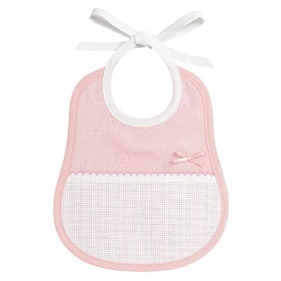 Afbeelding van Filet Slabbetje van zachte chenille, roze, met Aida canvas zak, ideaal voor kruissteek en satijnen strik, praktisch babyaccessoire gemakkelijk te borduren, gemaakt in Italië, roze