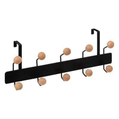 Afbeelding van 5Five Deur ophang kapstok met 10 ophanghaken/knoppen zwart/beige B44 x H17 cm metaal/hout