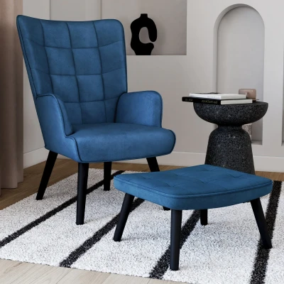 Afbeelding van Fauteuil scandinave ANIA avec repose pieds velours bleu