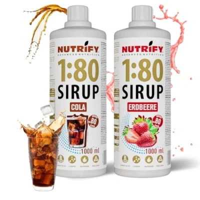 Afbeelding van NUTRIFY Vital Fitness Drink 2 flessen siroop 1:80, x 1 liter, cola en aardbeien, drankconcentraat met vitaminen L carnitine zonder suiker, 160 liter sportdrank, weinig
