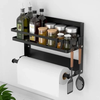 Afbeelding van DUNSOO Kruidenrek met keukenrolhouder en 4 haken, zonder boren, van roestvrij staal, voor keuken badkamer, zwart