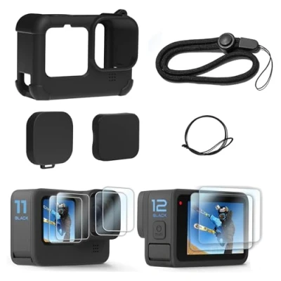 Afbeelding van FitStill Siliconen beschermhoes voor Go Pro Hero 12/Hero 11/Hero 10/Hero 9 zwart, lensdoppen, displaybeschermfolie en koord 12/11/10/9 zwart accessoireset
