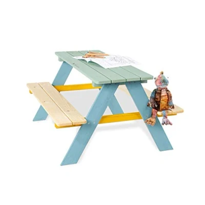 Afbeelding van PINOLINO Ensemble de 4 sièges Nicki en bois massif, 2 bancs avec 1 table, recommandé pour les enfants à partir ans, multicolore