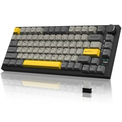 Afbeelding van YINDIAO Ajazz AK820PRO Clavier Mécanique avec écran Smart TFT et Knob,Sans Fil 2,4G/BT5.1/USB C Filaire,Disposition ANSI 75%,Hot Swappable,Rétroéclairage RVB,Commutateur Linéaire,pour PC,MAC (Gris)