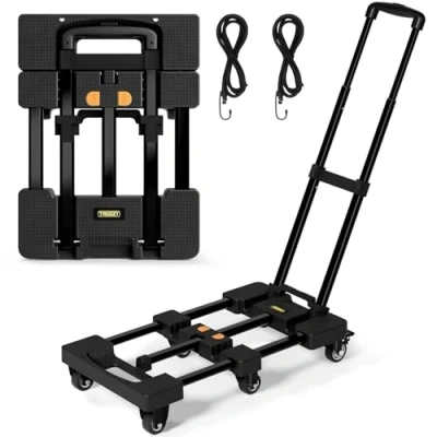 Afbeelding van Troozy opvouwbare steekwagen met remmen, transportwagen 226 kg, 4 universele wielen, uittrekbare platformwagen, verstelbare dissel, 2 flexibele touwen, zwart