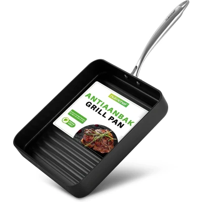 Afbeelding van NutriChef Grillpan Vierkante Ribbelpan Hoge Ribben Hard Geanodiseerd Fornuis Grillplaat Sterke Handgrepen