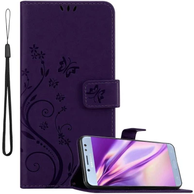 Afbeelding van Cadorabo Hoesje geschikt voor Samsung Galaxy J5 2017 in BLOEMEN DONKER PAARS Beschermhoes bloemmotief met magnetische sluiting, standfunctie en kaartsleuven Book Case Cover Etui