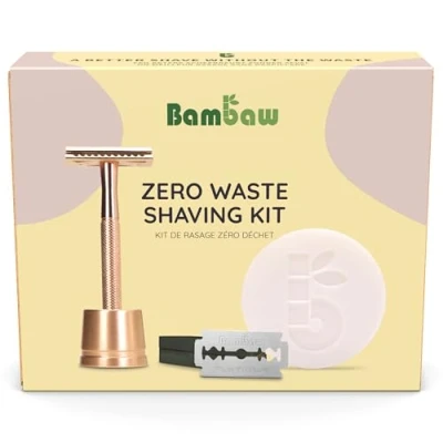 Afbeelding van Bambaw Scheerset voor dames, zonder afval, veiligheidsscheerapparaat dames met houder, 10 messen en scheerzeep abrikoos, geschenkdoos