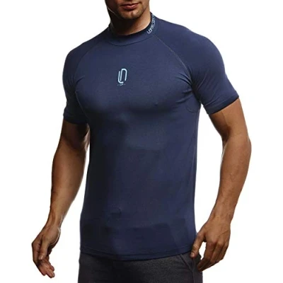 Afbeelding van Leif Nelson fitness t shirt heren ronde hals slim fit modern korte mouwen bodybuilding training LN8286N, donkerblauw/turquoise