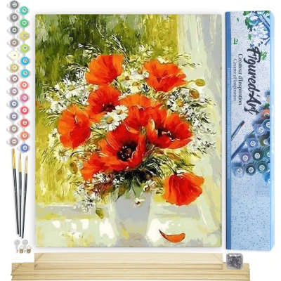 Afbeelding van Figured&#039;Art Schilderen op Nummer Volwassenen canvas Rode bloemen en madeliefjes Handwerk acrylverf Kit DIY Compleet 40x50cm met houten lijst