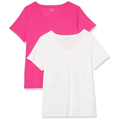 Image de Amazon Essentials Lot de 2 t shirts à manches courtes et col en V pour femme, coupe classique, blanc/rose foncé, taille 3X