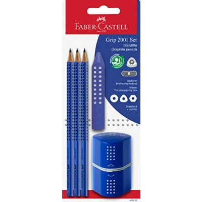 Afbeelding van FABER CASTELL 580023 Grip 2001 set van 5 potloden met 3 potloden, gum en puntenslijper, blauw