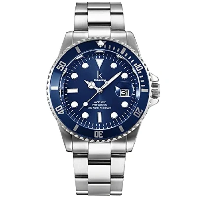 Afbeelding van Alienwork IK Horloge Mannen Vrouwen Kalender metalen armband, zilver/marineblauw/zilveren armband