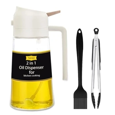 Afbeelding van 2 in 1 oliesproeier voor airfryer, glazen olijfolie spuitfles, 470 ml oliedispenser, koken, heteluchtfriteuse, grillen, (wit)