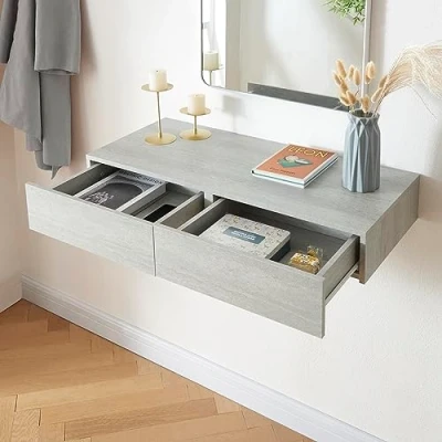 Afbeelding van Wandplank Karstula met 2 lades 80x35x12 cm betonkleurig