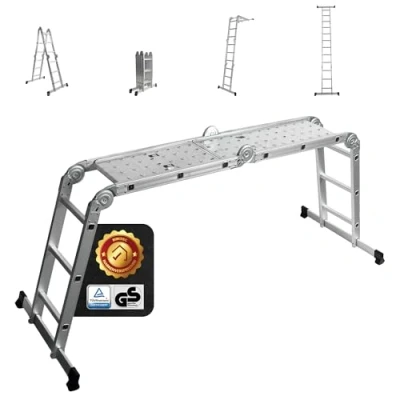 Afbeelding van siwitec Multifunctionele ladder met 4 x 3 treden 2 steigerplaten, tot 150 kg, aluminium ladder, huishoudladder, 12 treden, TÜV/GS getest