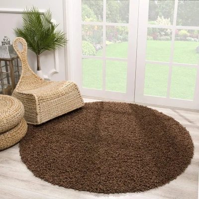 Afbeelding van Shaggy Vloerkleed Bruin Hoogpolig 150 cm rond