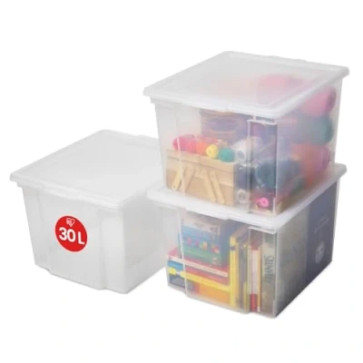 Afbeelding van Iris Ohyama, set van 3 opbergdozen, 30 liter, met deksel, stapelbaar, voor in de garage, slaapkamer, woonkamer Useful Storage Box USB MP Transparant